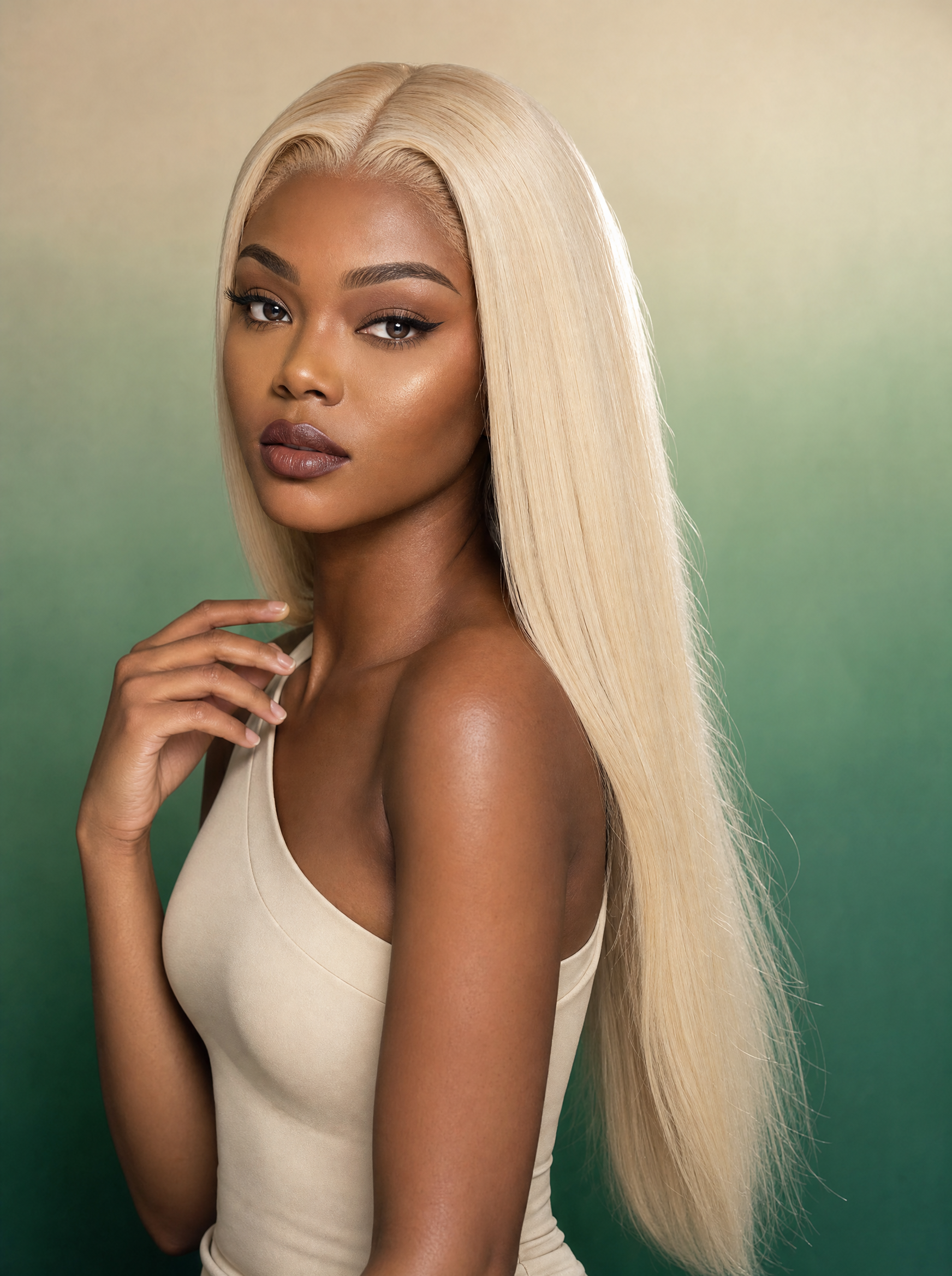 613 blonde straight lace front wig, side view