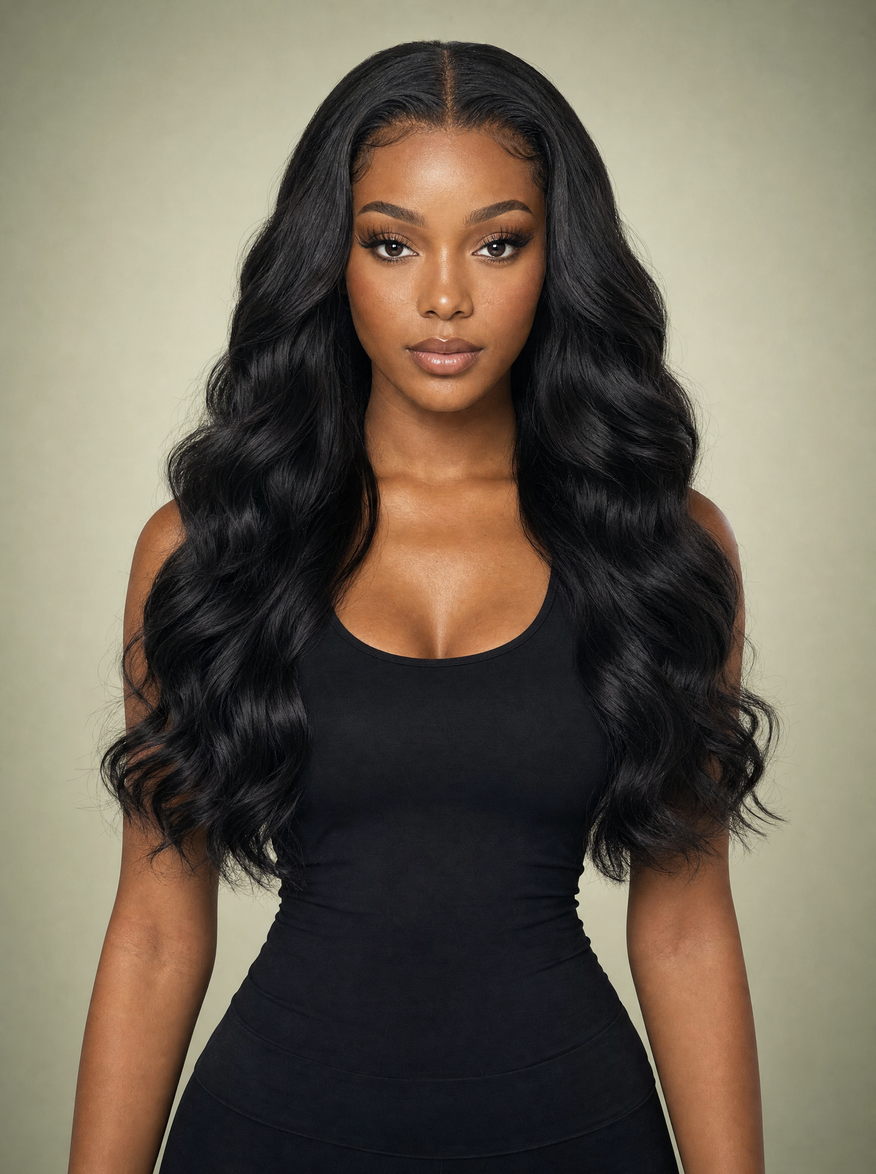 Body Wave lace front wig natural black, front view